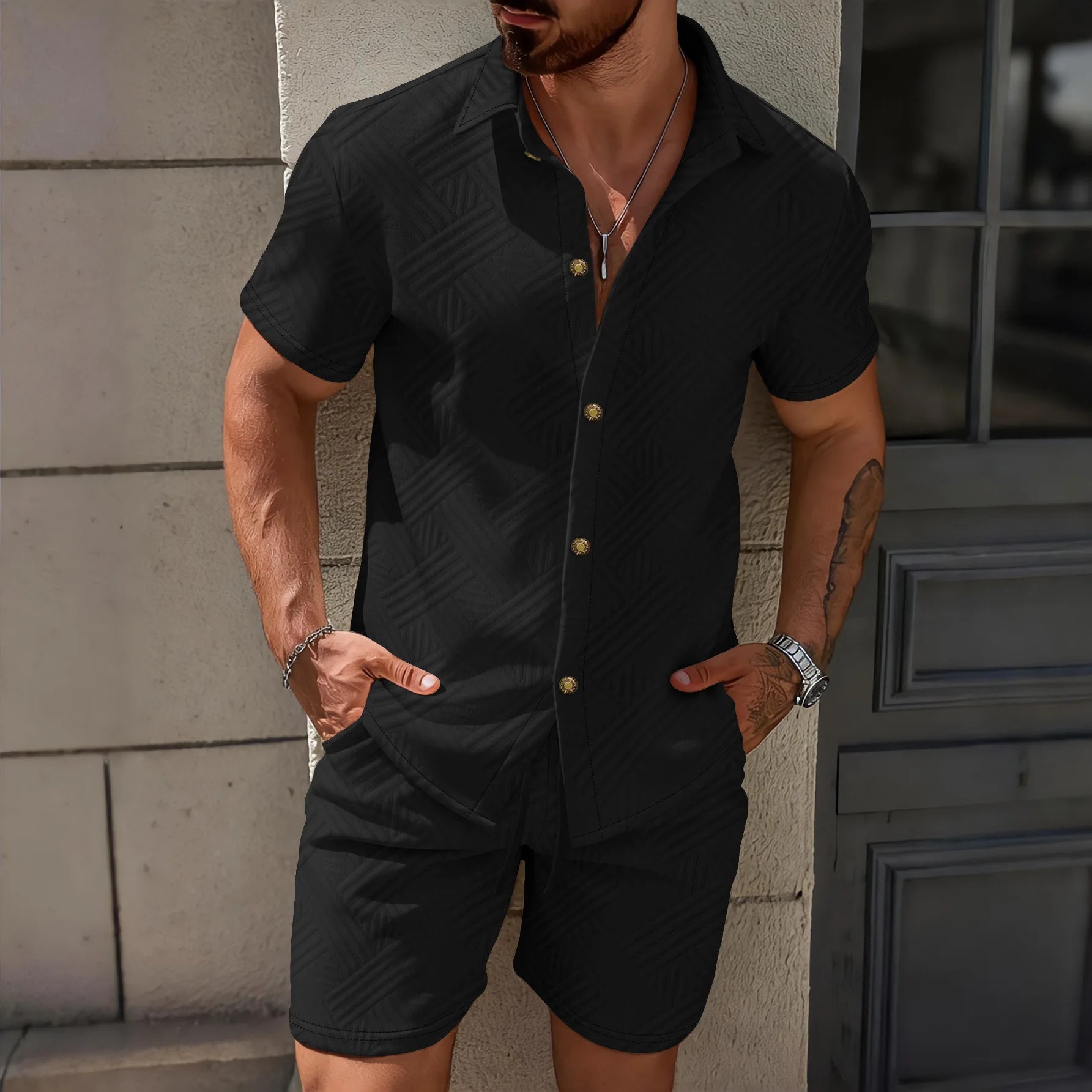 2026 New Trend Men's Solid Color Jacquard Collar Swe2026 new ater Fashion High-Quality Short-Sleeved Shirt Casual Two-Piece Set