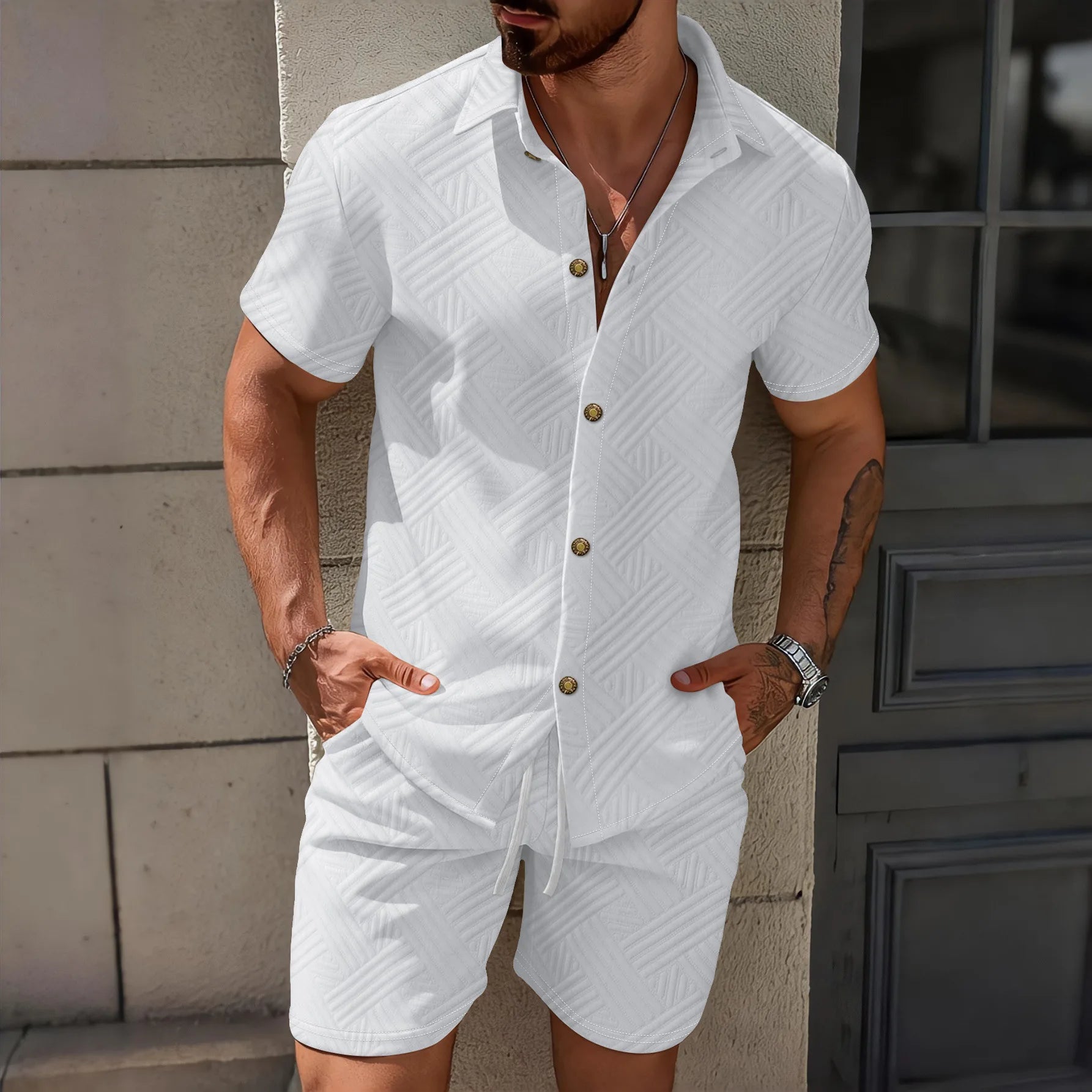 2026 New Trend Men's Solid Color Jacquard Collar Swe2026 new ater Fashion High-Quality Short-Sleeved Shirt Casual Two-Piece Set