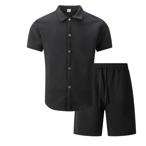 2026 New Trend Men's Solid Color Jacquard Collar Swe2026 new ater Fashion High-Quality Short-Sleeved Shirt Casual Two-Piece Set