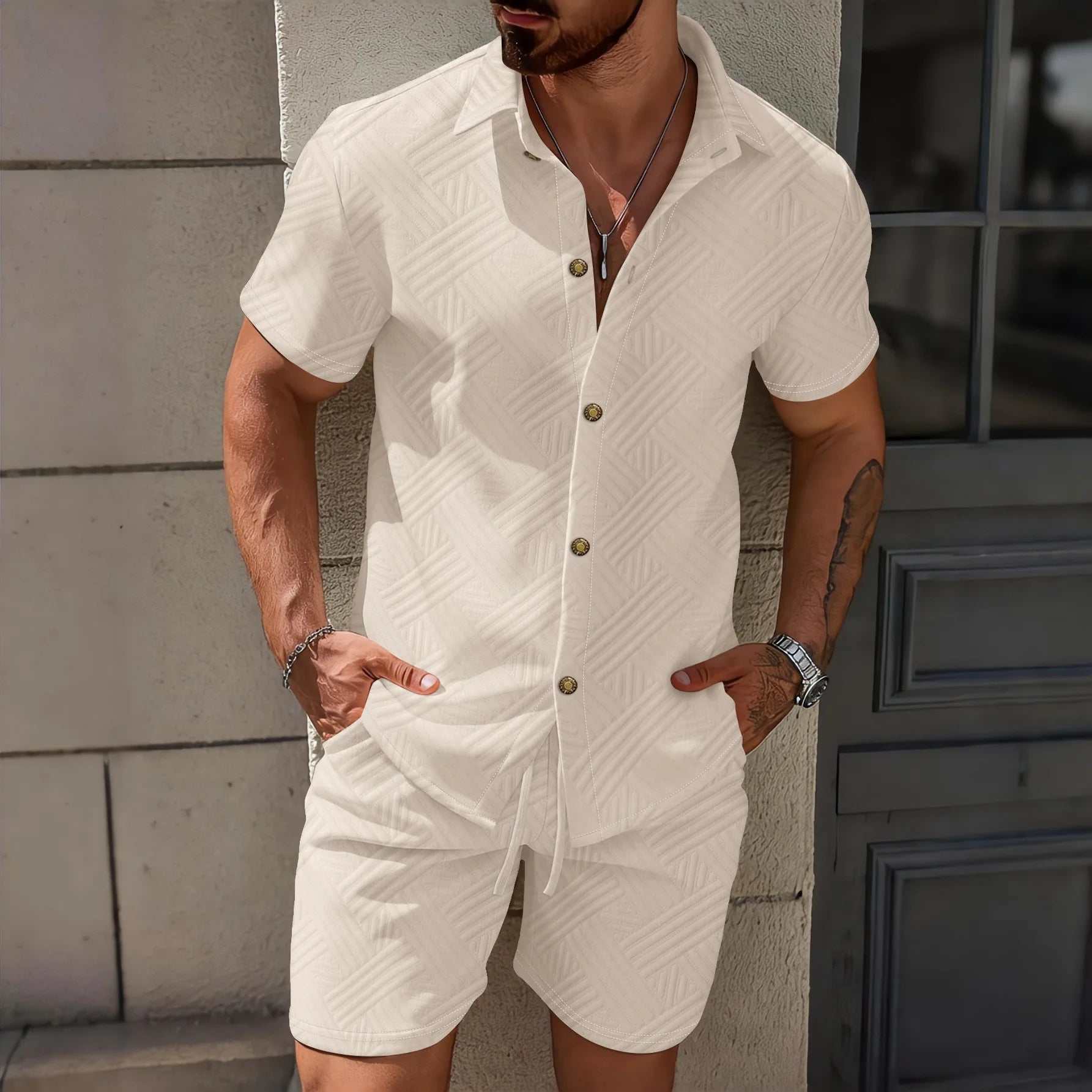 2026 New Trend Men's Solid Color Jacquard Collar Swe2026 new ater Fashion High-Quality Short-Sleeved Shirt Casual Two-Piece Set